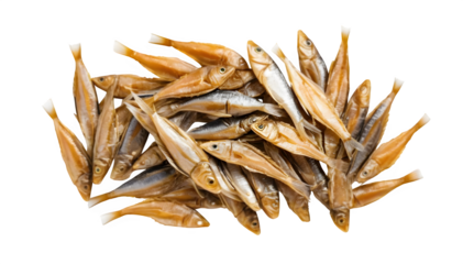 Top-down view of dried salted fish against a clean white background.  