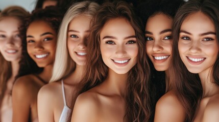 Obraz premium A group of women stands together, each with a soft smile that reflects empathy and the strength of their friendship.