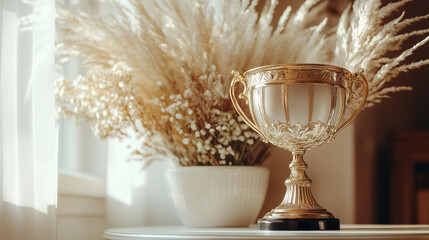 Golden Trophy Cup in Elegant Cozy Interior