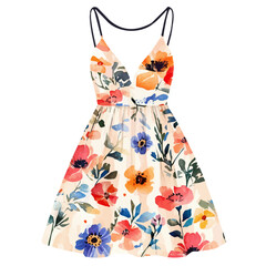 A watercolor of a summer dress with floral patterns, isolated on a white background. Summer dress vector.
