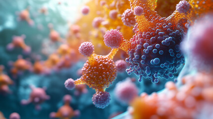 This illustration showcases a detailed view of viral particles, highlighting their complex structures and interactions at the microscopic level, emphasizing scientific exploration.