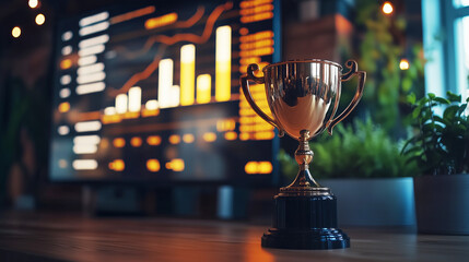 Golden Trophy Cup with Revenue Growth Chart Background
