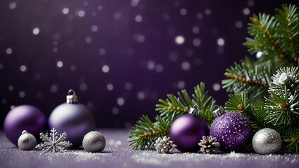 purple Christmas background. Decorate the stars and trees with sparkling ball baubles. Borders for winter holidays, Christmas and New Year