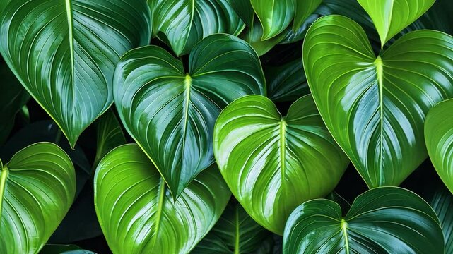  Lush Green Philodendron Leaves: Close-up of a vibrant green philodendron plant with large, heart-shaped leaves. The intricate venation patterns create a texture that's both elegant and refreshing.