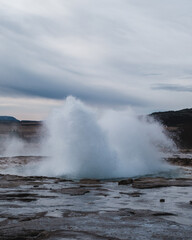 Eruption of Strokkur Geysir in Haukadalur Valley, south Iceland, during winter.