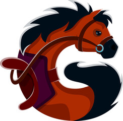 Horse shaped letter G featuring bold mane, bridle and saddle. Wild West cartoon vector font merges typography and animal imagery. Cowboy, equestrian, wild west typeface, western type, English alphabet