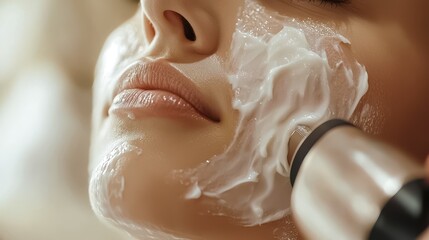 Close-up of a woman receiving an electric facial treatment with soft light and spa elements in the background..