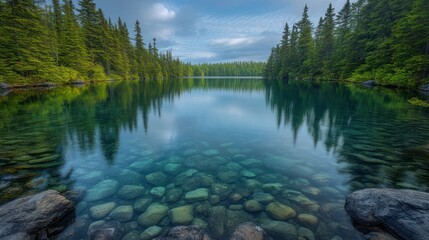 Fototapeta premium Calm lake, forest reflection, clear water, rocky shore, morning mist