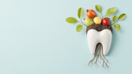 An abstract depiction of a tooth growing as a tree, with roots spreading into healthy soil and branches filled with fruits
