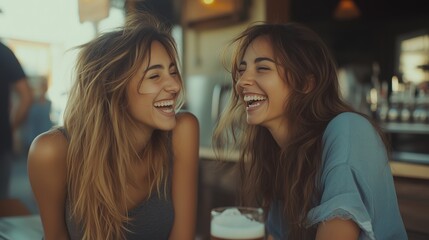 Naklejka premium Two women laughing joyfully in a cafe setting.
