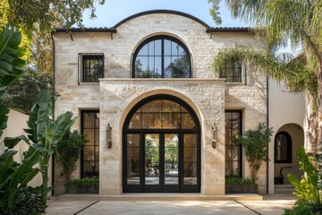 Obraz premium Modern architecture showcases elegant stone facade with large arched windows and lush tropical landscaping in a serene setting