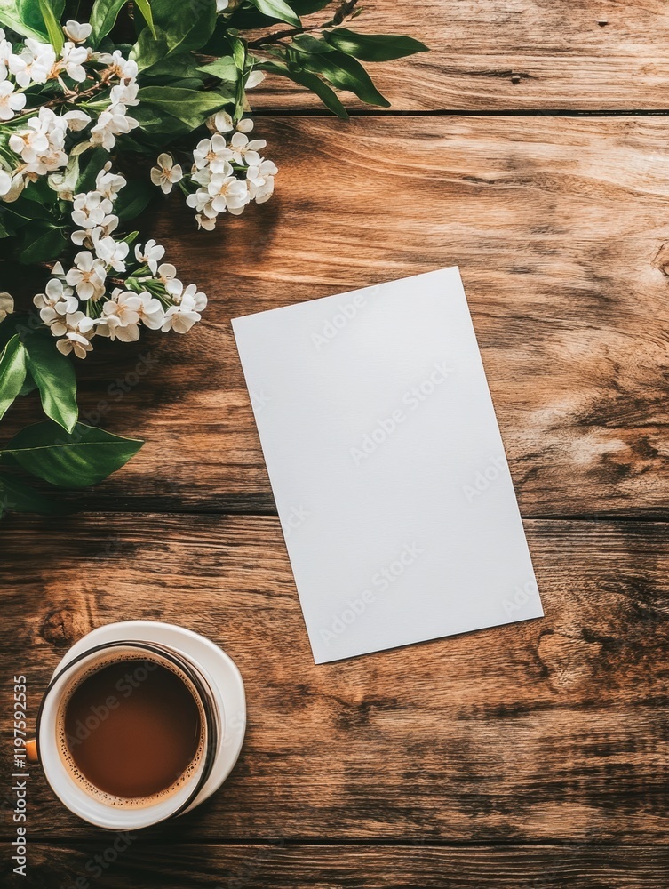 Aufkleber clean workspace with blank paper, coffee cup, and flowers creating a serene atmosphere for creativit