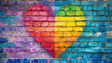 Colorful heart mural on a textured brick wall
