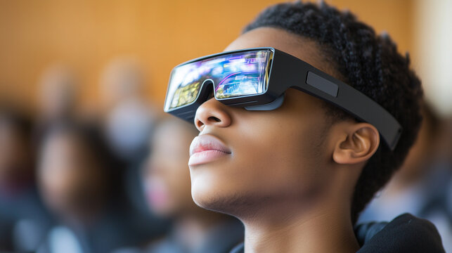 A young individual experiences virtual reality at a community event, wearing specialized goggles. Attendees are engaged in the activity, showcasing technology's impact on learning.