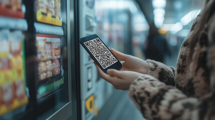 In a bustling environment, a woman holds her smartphone in front of a high-tech vending machine, scanning a QR code to access products or services.