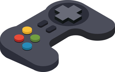 Gray wireless gamepad with colorful buttons and directional pad shown in isometric projection, representing gaming, entertainment, and leisure activities © Frogella.stock