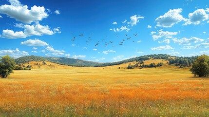 Obraz premium Golden meadow under a blue sky with birds flying over hills.