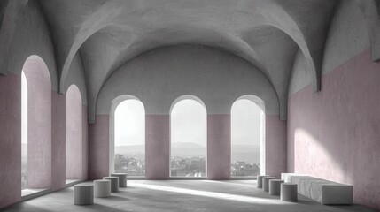 Naklejka premium Minimalist Interior Design: A contemporary architectural space with arched windows and muted pastel pink walls evokes a sense of serene elegance. Sunlight streams through the arched windows.