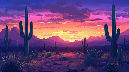 Desert sunset, cacti silhouettes, vibrant colors.