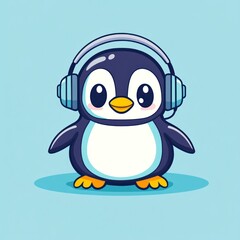 Penguin wearing headphones, center background, use for a cartoon, illustration, or graphic
