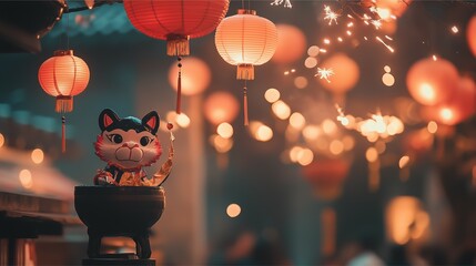 Festive Lanterns and Lucky Cat Balloon Decoration at Night with Sparkling Lights, Celebrating Chinese New Year