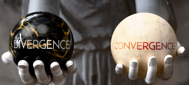 Divergence or Convergence - decide between two options. Greek statue presenting a choice: divergence or convergence, weighing their values. Looking at pros and cons.  ,3d illustration