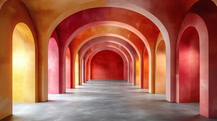Naklejka premium Abstract Passage of Colour: A mesmerizing hallway with repeating archways, painted in vibrant hues of red, orange and yellow.