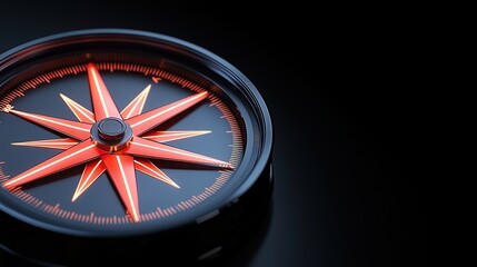 goal of life concept A close-up of a compass with striking red accents against a dark background, emphasizing navigation and adventure.