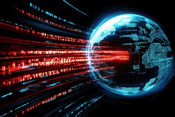 Digital globe with streams of red binary code, symbolizing global data transfer, cybersecurity, and advanced technology in a futuristic setting