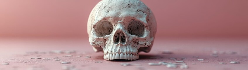 Fototapeta premium Strikingly Realistic Front-Facing Human Skull Portrait Showcasing Uncompromising Detail on a Vibrant, Flat Pink Background.