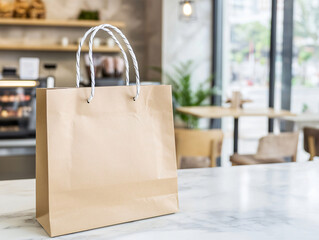 stylish paper shopping bag with modern handle design, placed on marble table in cafe setting. bag neutral color complements contemporary interior