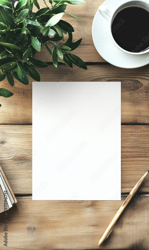 Aufkleber blank sheet of paper on a rustic wooden table surrounded by a cup of coffee and a plant in a cozy wo