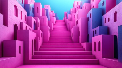 Obraz premium The Pink Path: A vibrant and playful 3D rendering of a cityscape composed of pink and purple buildings. The path leading through this fantastical, surreal landscape is a set of inviting pink stairs.