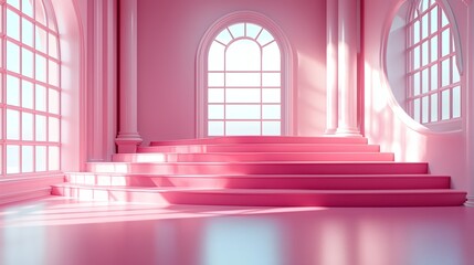Obraz premium Pink Steps of Glamour: A minimalist yet elegant backdrop featuring a pink staircase, arched windows, and soft natural light streaming through, perfect for showcasing products.