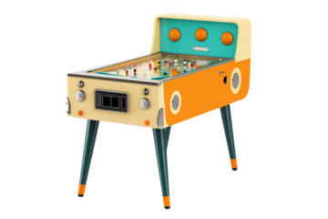 A vintage-style foosball table featuring bright colors and playful design, ideal for recreational games and entertainment.