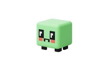 A cute green block character with a simplistic design, featuring large eyes and a small mouth, exuding a playful demeanor.