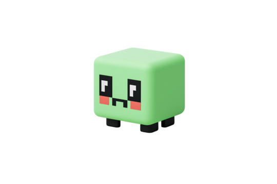 A cute green block character with a simplistic design, featuring large eyes and a small mouth, exuding a playful demeanor.