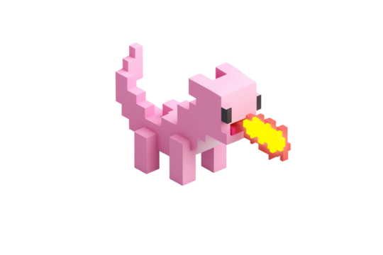 A pixelated pink cat exhaling flames, designed with blocky features in a playful and whimsical style. - Powered by Adobe