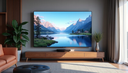 Fototapeta premium Sophisticated 3D TV exhibiting a serene landscape view of mountains and a lake, creating a peaceful atmosphere in a beautifully designed modern room.