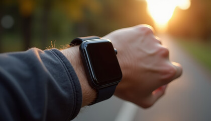 Impressive mock up of a Smartwatch with a black screen positioned on a runner's arm, capturing dynamic athletic movement and technological elegance.
