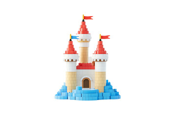 A colorful toy castle with tall towers, red flags, and a blue base, designed for play and imaginative adventures.