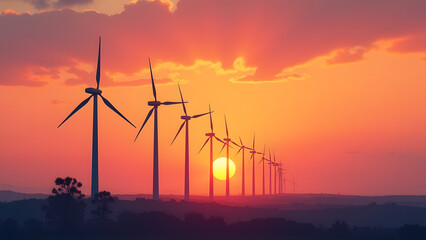 Obraz premium A wind farm at sunset features rows of turbines generating clean energy against a vibrant orange and pink sky in a minimalist style