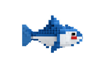 A blocky, pixelated fish design in blue and white with a red eye, reminiscent of a toy or digital art style.