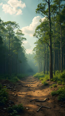 Obraz premium A time-lapse concept shows the transformation of a lush forest into barren land, illustrating the impact of deforestation through realism and surrealism