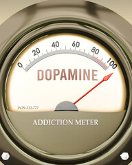 Dopamine and Addiction Meter that is hitting a full scale, showing a very high level of dopamine, overload of it, too much of it. Maximum value, off the charts.  ,3d illustration © GoodIdeas