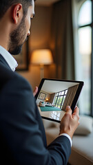 A real estate agent, a young man of Middle Eastern descent, presents a digital walkthrough of a luxurious apartment on a tablet, showcasing a modern interior design