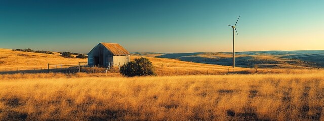 Sunset and sunrise over a rural field with an old barn and farmhouse in the countryside