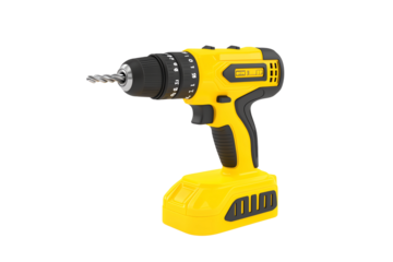 A yellow cordless drill with a black chuck and adjustable settings, designed for drilling and driving tasks.