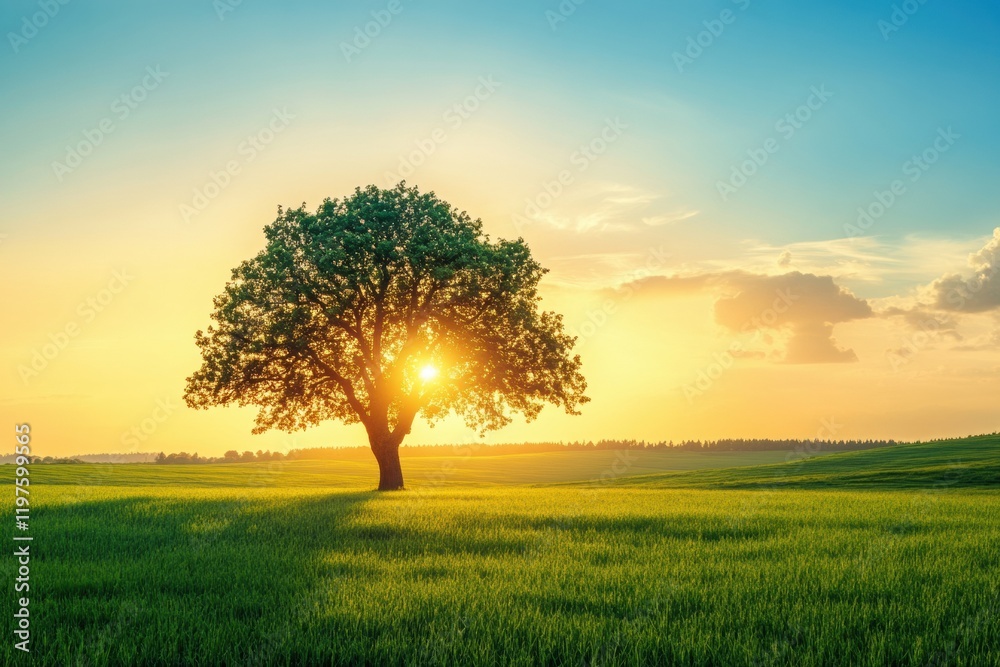 Poster Sunset view of a solitary tree in a green field with an expansive sky and sunlight shining through branches. Generative AI