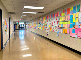 welcoming classroom hallway featuring colorful sticky notes and posters on walls, creating engaging and vibrant learning environment